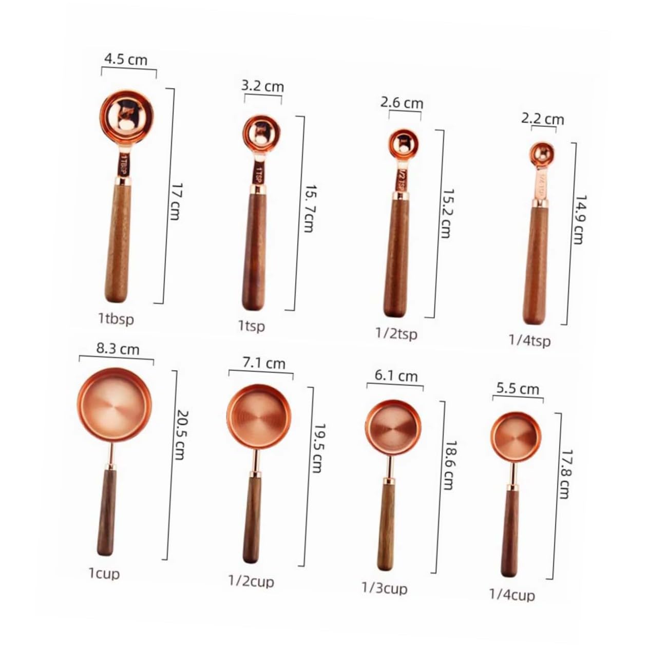 VILLCASE Multifunktionales Messlöffel und Messbecher Leicht zu Reinigen 8 Stück mit Doppelter Skala aus Walnuss und Edelstahl für Küche und Backzubehör