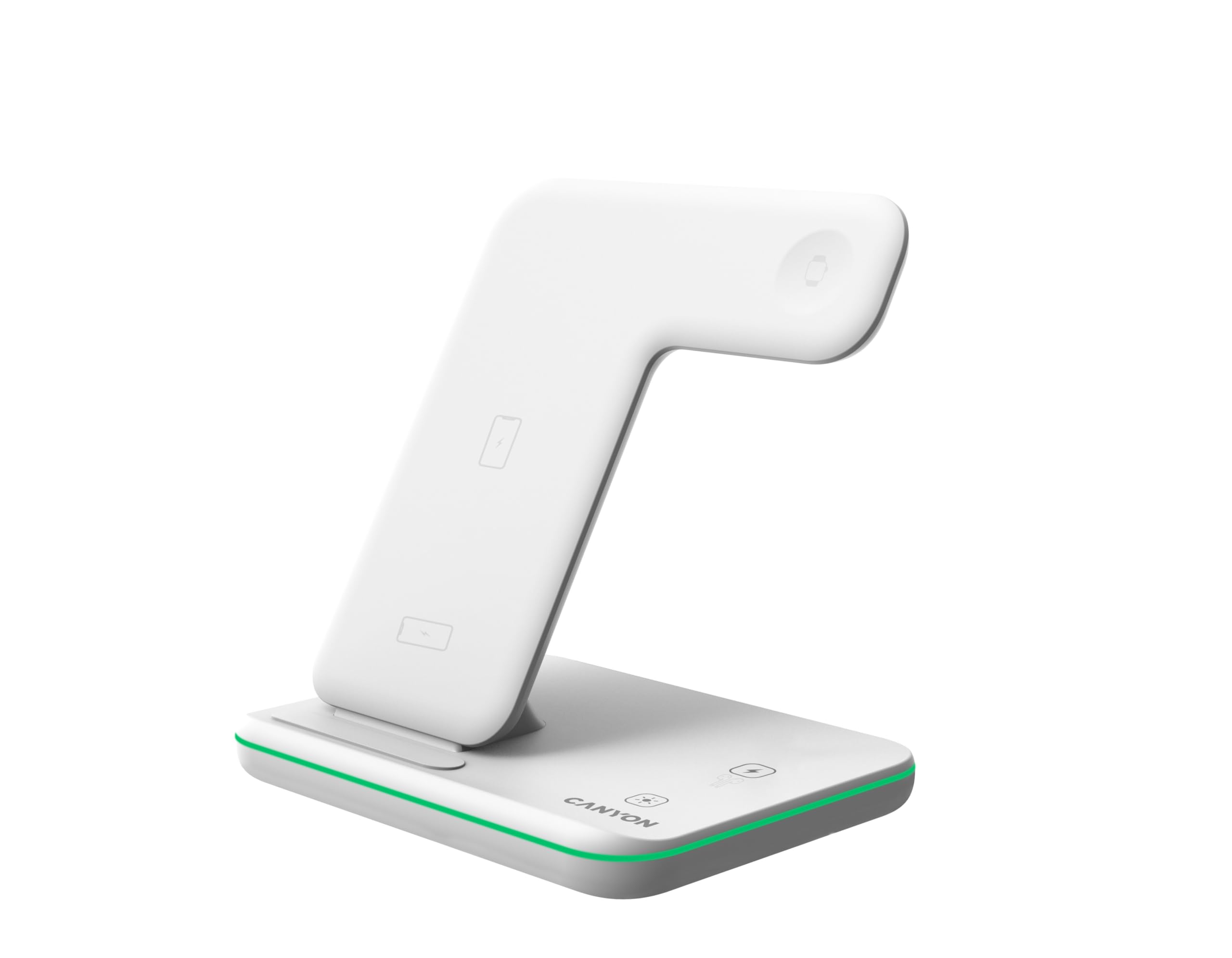 CANYON Caricatore Wireless 3 in 1 Base Ricarica iPhone Apple Watch Airpods Stazione Ricarica Apple compatibile con Dispositivi Qi Adattatore 18W, Controllo Touch con Retroilluminazione Bianca