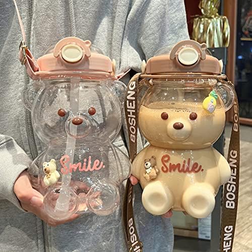 1400ml Kawaii Bear Water Bottle With Straw, Large Kawaii Bear Shaped Water Bottle With Shoulder Strap Portable Bear Cute Drinking Bottle for School Travel (With Sticker)