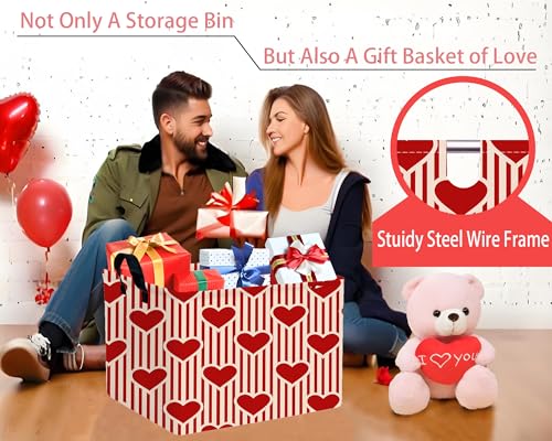 Image of Large Valentine's Day Basket Heart Shaped Storage Bin for Gifts Collapsible Organizer Room Decor (Vertical Bar Red Love)