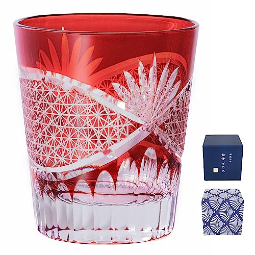 【Amazon.co.jp 限定】FONYUHUA 切子 グラス ロックグラス おしゃれ 菊つなぎ 文様 ギフトセット お酒 日本酒 ビール お祝い 結婚祝い 還暦祝い 父の日 プレゼント ギフト 贈答品 人気 240cc (赤)