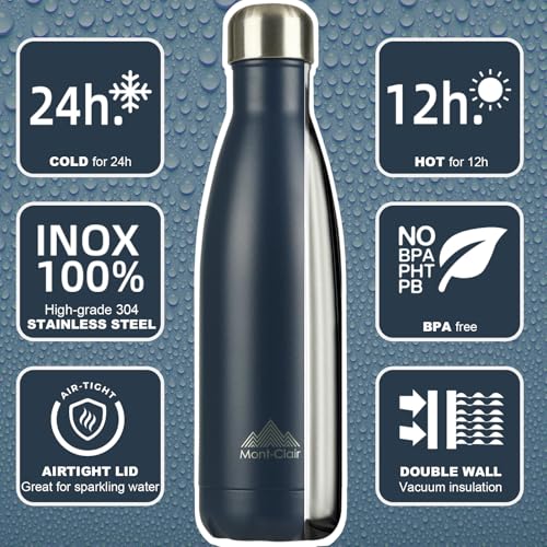 Image of Mont-Clair Stainless Steel Water Bottle, Vacuum insulated - BPA Free, 12h Hot & 24h Cold Drinks, Metal Water Bottle 25 oz Leakproof, Ideal for Adult, Kids, Running - Dark Blue