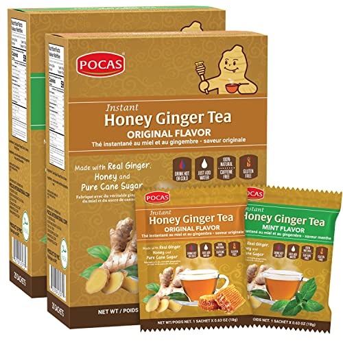 Pocas Honey Ginger Tea Variety Set - Instant Tea Powder Packets, Ginger Honey Crystals Tea, Original & Mint Flavors, Non-GMO/Gluten Free/Caffeine Free Tea, 20 Count (Pack of 2)