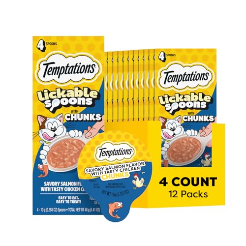 Temptations Lickable Spoons Soft Lickable Cat Treats Adult Wet Cat Treats Salmon Flavor with Chicken Chunks 4 Spoons Pack of 12 (48 Total)