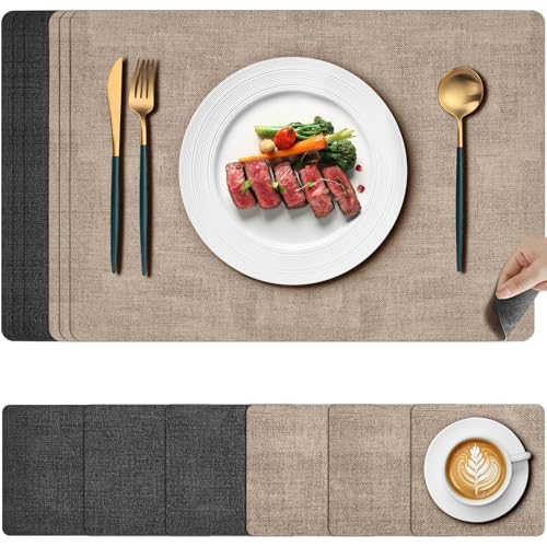 Gucass Lot de 6 Sets de Table Lavable, Set de Table Double Face Antidérapant en Cuir et Dessous de Verre, Napperons Résistant au Chaleu,Vinyle Set Table pour...