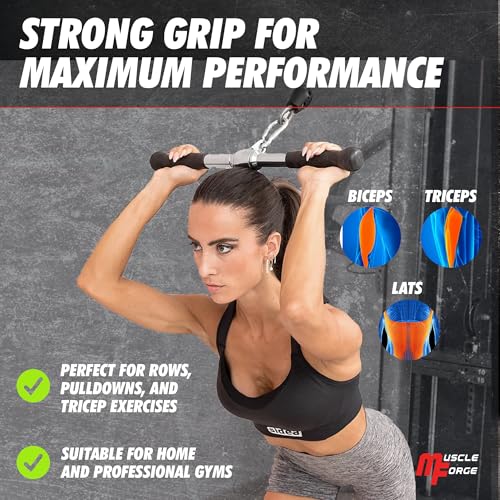 Image of Straight Bar Cable Attachment 20inch - Chrome Rotating Tricep Bar Cable Attachment with Non-Slip Handles - Tricep Pull Down Bar - Gym Accessories for Biceps, Triceps & Back Workouts