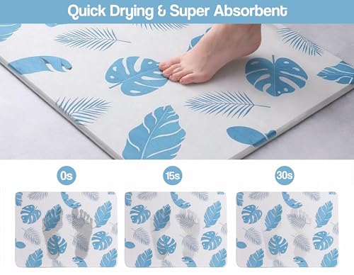 Image of Yellow Weaves Printed Stone Bath Mat, Diatomaceous Earth Shower Mat, Non-Slip Super Absorbent Quick Drying Bathroom, Kitchen Floor Mat, Easy to Clean (45x35 cm-Sandstone) Tropical Leaves, Blue