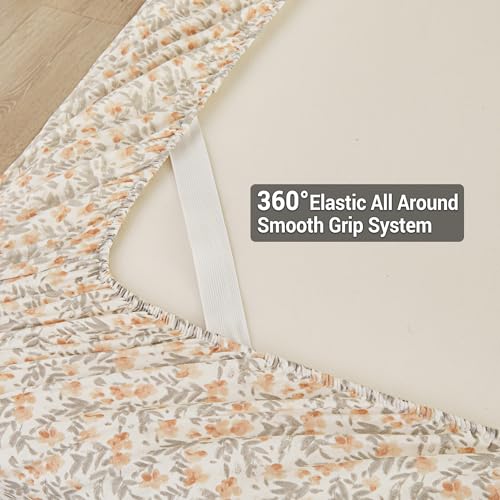 Image of Viviland Floral Twin XL Sheet Set - 3 Piece Vintage Light Orange Flower Patterned Bed Sheets - Soft, Breathable Microfiber Sheets with Deep Pocket, Non-Slip Fitted Sheets & Pillowcases