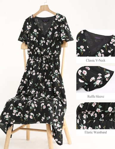 Image of Bridesmay Women's Summer Floral Midi Dress V Neck Short Sleeve A-Line Casual Beach Vacation Dresses Flowy