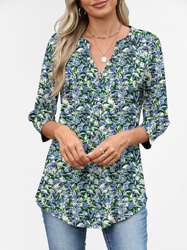 ANRABESS Womens Tops Business Dressy Casual Blouses 3/4 Length Sleeve Shirts 2026 Fall Work Tunic Tee TShirts Office Outfits Blue Green Floral Small — view 5