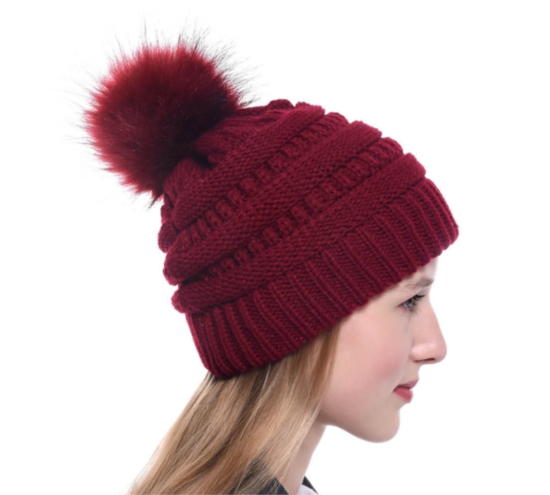 Wintermütze Für Kälte Damen Winter-Strick-Slouchy-Beanie-Mütze, Warme Totenkopf-Skimütze, Kunstfell-Pom-Pom-Hüte Mütze Warme