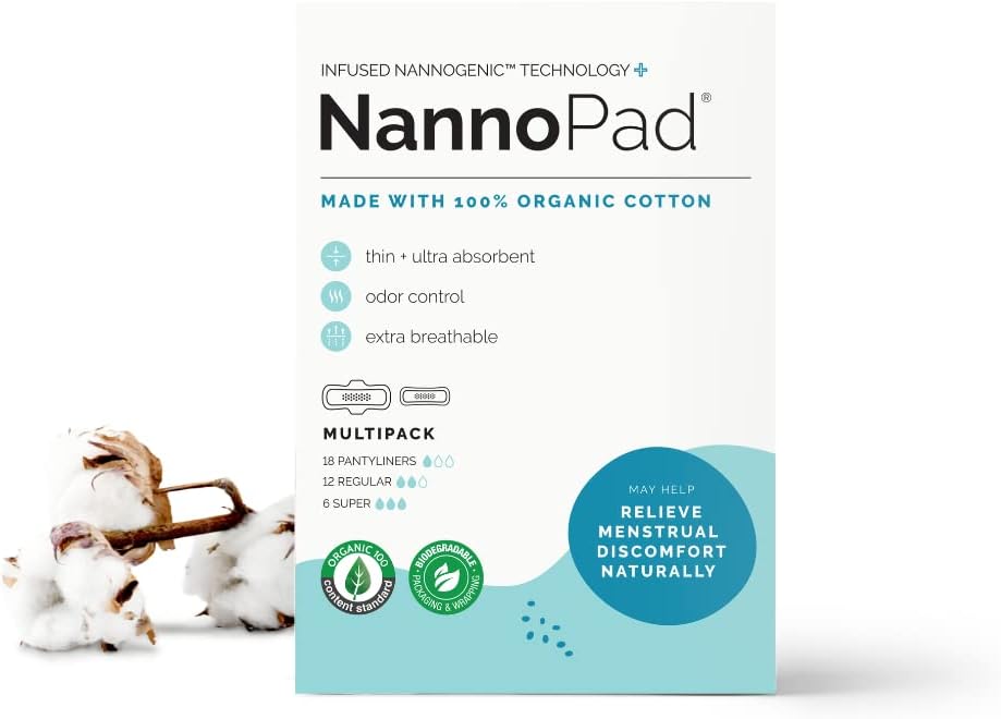 NannoPad Multipack Pads and Pantyliners - Made with Certified Organic Cotton - Regular, Super and Pantyliners for Full-Cycle Protection - Minimize Odors (36 Count (Pack of 1)) Nannocare