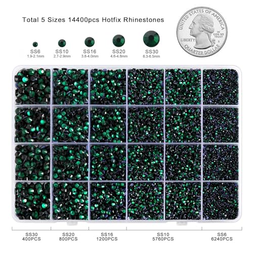 Image of Hotfix Rhinestones Kit,Emerald,Mixed 5 Sizes 14400pcs | Dark Green Hot Fix Crystals, for Bedazzling Clothes Crafts, with Wax Pencil,Tweezers and Spoon,SS6-SS30