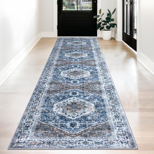 KOZYFLY Runners for Hallways 2.6x12 Ft Long Washable Kitchen Runner Non Slip Runners Rug for Entryway Indoor Blue Printed Faux Wool Stair Runner Floor Carpet for Stair Kitchen Hall, Blue
