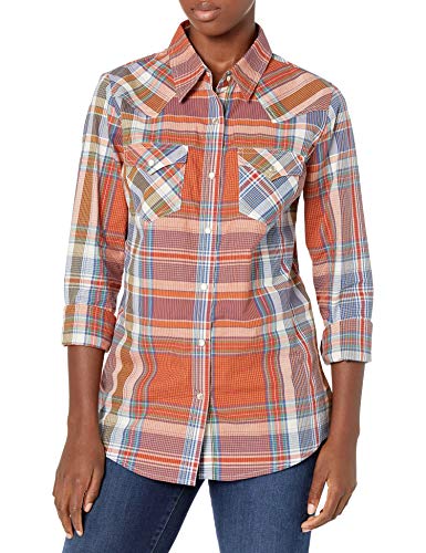 Wrangler Women's Western Long Sleeve Snap Shirt, Orange/Blue, Large