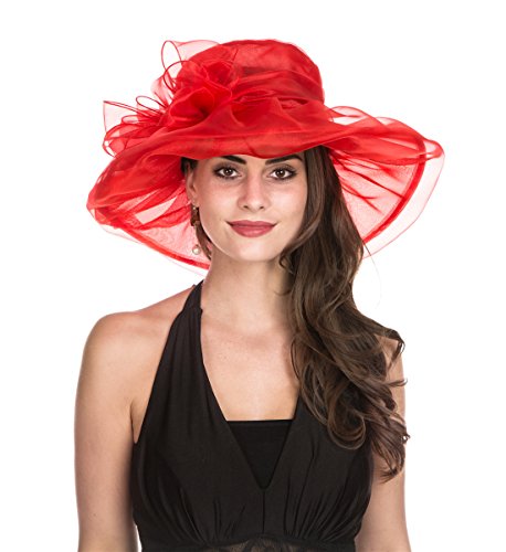Women's Organza Church Kentucky Derby British Fascinator Bridal Tea Party Wedding Hat Summer Ruffles Cap, Hjh-red Bowknot, Medium - Thumbnail 2