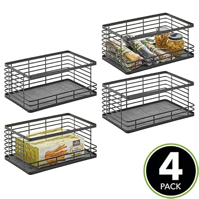 mDesign Wide Stackable Metal Wire Food Baskets with Open Front for Kitchen, Pantry, Cabinet, Countertop, Bin for Fruit, Vegetable, and Snack Storage Organizer, Carson Collection, 4 Pack, Matte Black