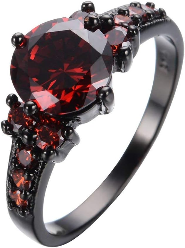 Yuren Vintage Ruby Red Garnet Wedding Promise Band Ring 10KT Black Gold Filled Size 6-10 (Size 9)