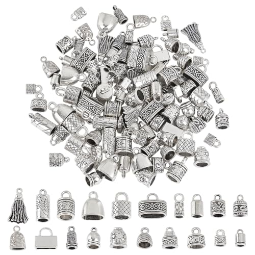 PH PandaHall 120pcs Cord End Caps 20 Styles Bead End Caps Tibetan Sliver Leather Cap Alloy Tube Barrel End Tip Crimp Covers Rope End Caps Craft for Necklaces Bracelet Jewelry Making