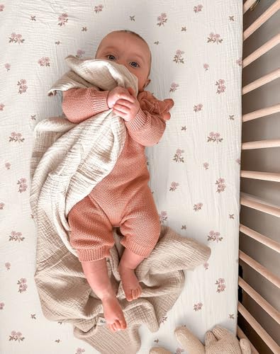 Image of Muslin Bedside Bassinet Sheets 2 Pack, 33x20 Fitted Ultra Soft & Breathable Bedside Sleeper Sheets, Ideal for Baby Girl and Boy, Perfect for Newborns (Vintage Blossom & Pink)