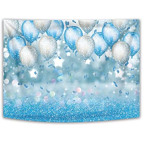 INRUI Polyester Cloth Blue and Sliver Balloon Photography Background (Not Glitter) Shiny Bokeh Glitter Sequins Backdrop for Birthday Wedding Boy Baby Shower Party Decorations 7x5FT Cover