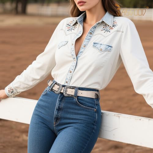 Image of JASGOOD Double Buckle Western Belts for Woman Cowgirl Country Belt Vintage Black Leather Belt for Jeans Pants Dresses