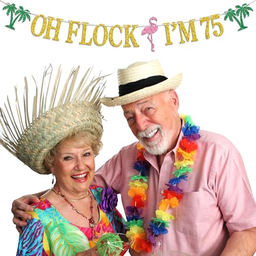 Image of Oh Flock I'm 75 Banner, Glitter Happy 75th Birthday Anniversary Party Decorations, Pineapple Party Decor, Hawaiian Luau Tropical Aloha 75 Theme Party Photo Props