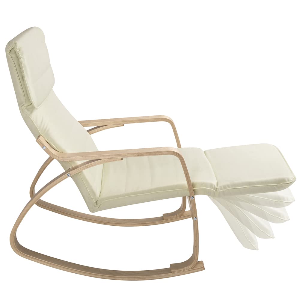 BAKAJI Sedia a Dondolo in Legno di Betulla con Rivestimento in Cotone Imbottito in Spugna Altissima Densità, Oscillante Relax con Poggiapiedi Regolabile e Cuscino, (Beige)