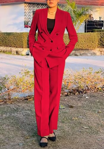Tcremisa Pants Suits for Women Dressy 2 Piece Business Casual Outfits Double Breasted Blazer Wide Leg Pants Set Office Work