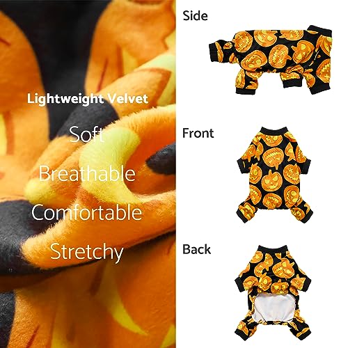 Image of Fitwarm Halloween Pumpkin Dog Pajamas, Funny Dog Winter Clothes for Small Dogs Girl Boy, Pet Jumpsuit, Cat Halloween Costumes with Feet, Lightweight Velvet, Black, Orange, Medium
