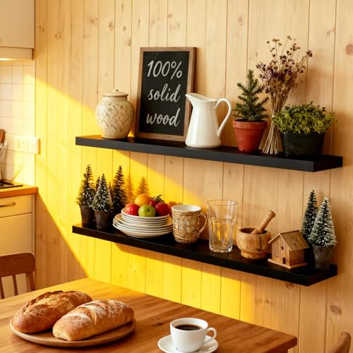 Image of ROGMARS 36 Inches Long Black Floating Shelves | Rustic Solid Wood Farmhouse Wall Shelves with Invisible Brackets for Bathroom, Living Room, Bedroom, Kitchen Set of 2