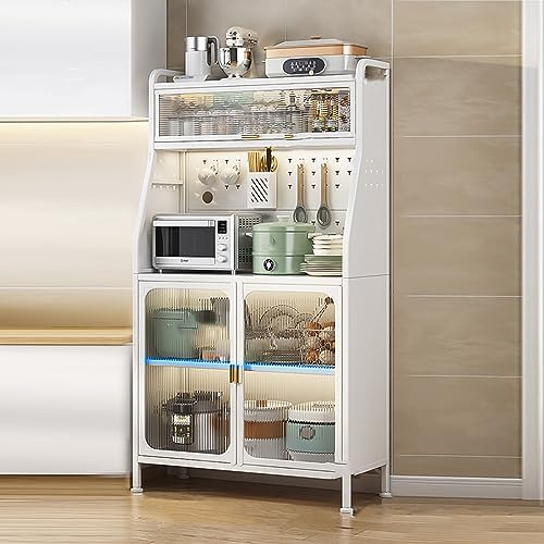 Versatile White Kitchen Storage Cabinet - 30in Baker Rack & Microwave Stand with Flip Door & Pegboard, Perfect for Kitchen, Dining, Living Room Organization