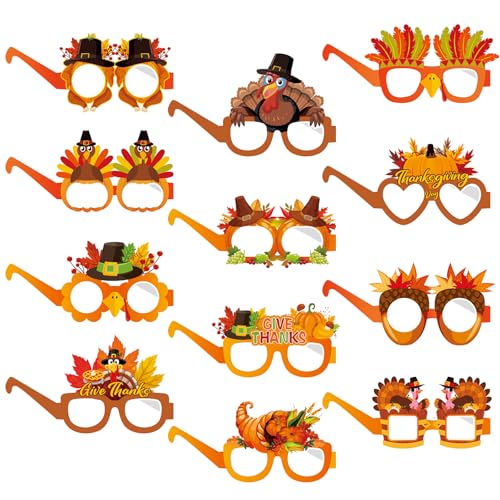 Jremreo 12 Pieces Thanksgiving Paper Glasses Festival Fall Eyewear with Turkey and Autumn Designs for Holiday Photo Booth Props Party Favors and Thanksgiving Day Celebrations for Adults and Kids