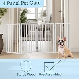 Pet Gate - 4-Panel Indoor Foldable Dog Fence for Stairs, Hallways or Doorways - 72x24-Inch Retractable Wood Freestanding Dog Gates by PETMAKER (White)