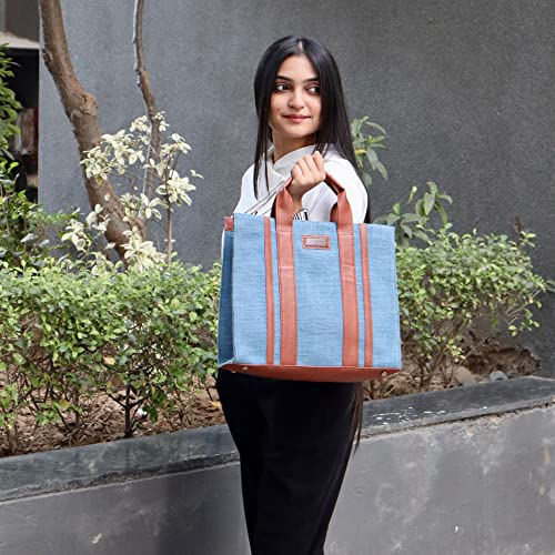 Image of Book Tote Handbag | Handloom Woven Cotton And Vegan Leather | Laptop | Tote Bags for Women For Office Use, Work | Ladies Stylish Shoulder Bag | Ethically Sourced, Lightweight