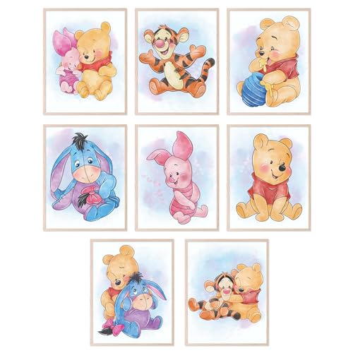 Image of BigWig Prints Winnie the Pooh Nursery Decor - Winnie the Pooh Wall Art, Baby Nursery Wall Decor, Childrens Poster Prints for Classroom, Piglet Tigger Rabbit Eeyore Gifts - Unframed Set of 8 (8x10)