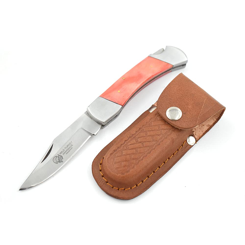 Wild Turkey Handmade Collection Everyday Carry Lock Back Manual Folding Knife w/Leather Sheath - Smooth One Hand Red Color Bone Handle Pocket Knife (Red Bone)