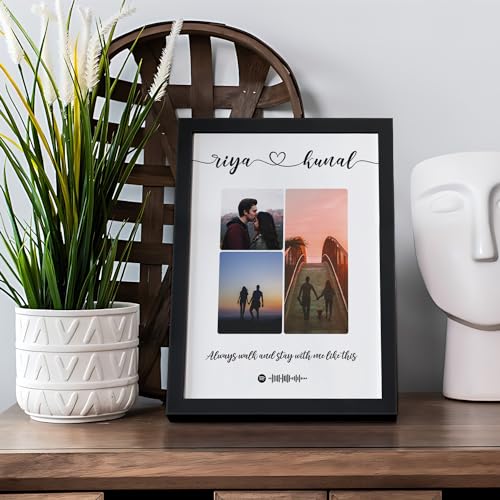 Image of Ritwika's Synthetic Wooden Personalized Pictures Collage Square Tabletop Photo Frame - Customizable Spotify Song & Photos - Plaque For Loved Ones, 7.5 x 9.5 Inch, Set of 1, Black