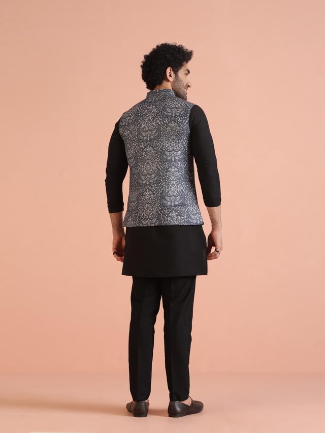 Kisah Men's Kurta Jacket Trouser Set, Black Pashmina, Digital Print Regular Fit Mandarin Collar Long Sleeves, 40
