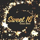 Sweet 16 Guest Book: Party keepsake for family and friends to write in (Square Gold Star Swirl)