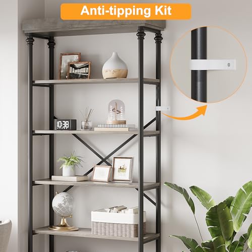 5 Tier Bookshelf with Storage Drawer, 81" Tall Book Shelf Vintage Bookcase w/Metal Frame, Rustic Open Bookshelf for Living Room Offic Bedroom Library (Grey)