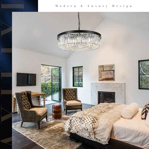 Image of 30 inch Modern Crystals Chandelier 12-Light Large Black Bedroom Chandeliers