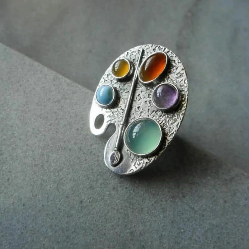 Image of El Regalo Artistic Painter's Palette Finger Ring - Silver Plated Adjustable Ring with Multicolor Stone Cabochons - Unique Bohemian Jewelry for Women & Girls