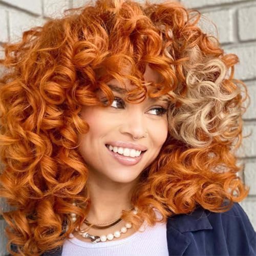 Auburn Curly Wigs for Black Women Short Wig with Bangs Soft Loose Curly Wigs for Women Synthetic Fiber Glueless Hair for Daily (Auburn)