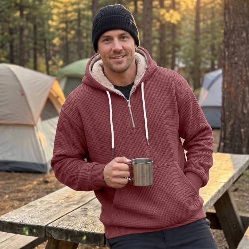 Sherpa Lined Hoodie Men Quarter Zip Pullover Waffle Knit Winter Hoodies | Sherpa Sweatshirt, Comfy, Casual, Classic, Long Sleeve, Loose Fit, Layering, Outdoor Activities, Fall Outfits for Men — view 3