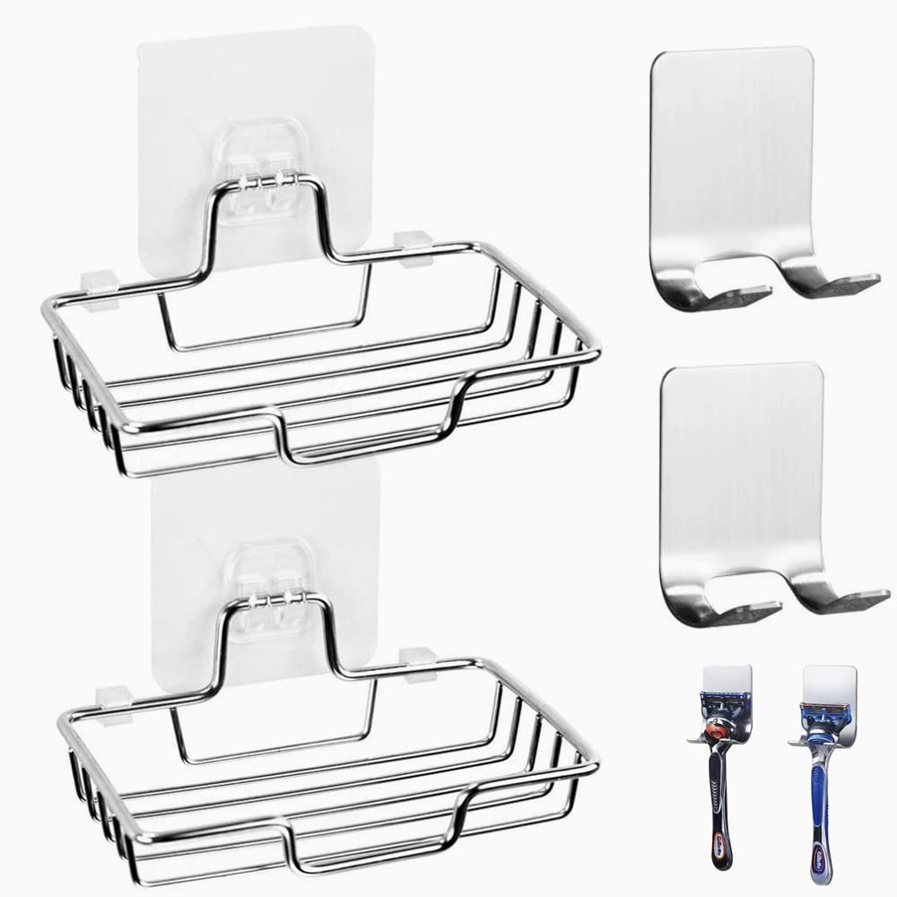 Dubai Mart[4-PACK] 2Pcs Adhesive Soap Tray & 2Pcs Razor Hanging Hooks, Bath Soap Holder, Stainless Steel Metal Soap Dish Shower for Bathroom & Kitchen Adhesive Soap Tray with Razor Holder