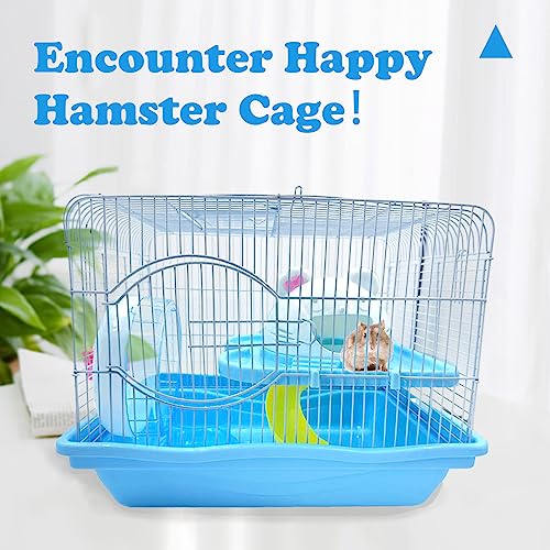 Image of 2-Tier Portable Hamster Cage and Habitats, Travel Metal Mouse Cages with Free Water Bottle, Houses and Exercise Wheel for Any Breed of Hamster and Small Animal (14.6x11.0x11.8inch Blue)