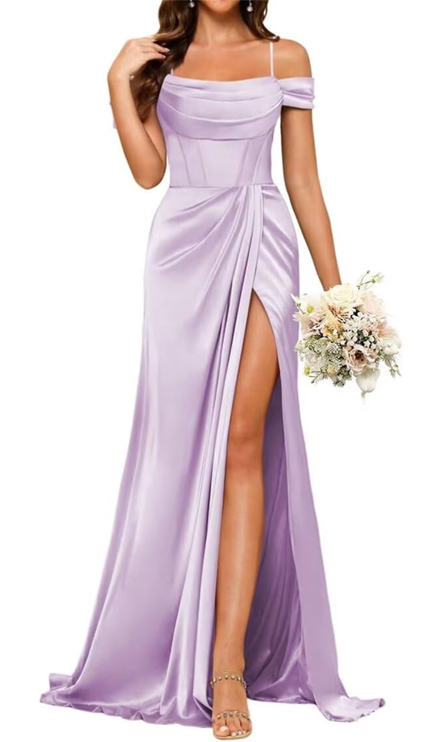 Yiann Women's Lilac Prom Dresses For With Slit Cold Shoulder Satin Bridesmaid Dress Formal Party Gown Uk16