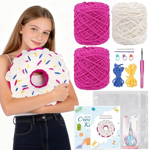 Alvian Cream Donut Crochet Cushion Kit for Beginners