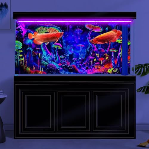 Image of 60X24IN Blacklight Mushroom Black Light Aquarium Background UV Reactive Background Starry Sky Terrarium Mushroom Theme Background with 10 EVA Double-Sided Tape
